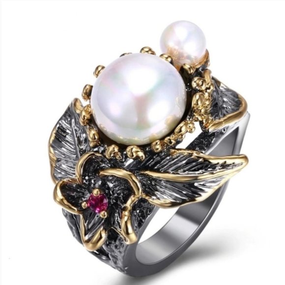 NEW Italian Jewelry Gold Flower Pearl Ring - Picture 3 of 14